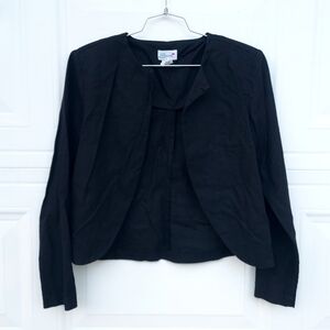 Elegant Black Linen Blend Open Front Cropped Women's Blazer